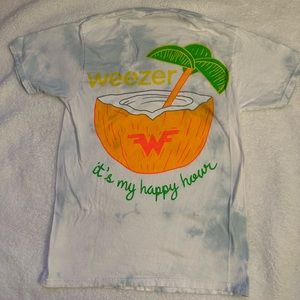 Weezer tour shirt! “It’s my happy hour” graphic with coconut. Light blue tie dye